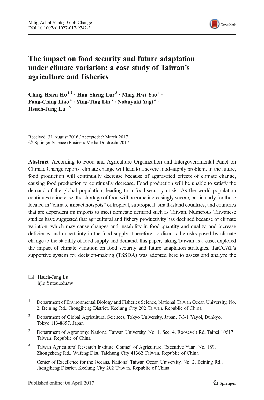 The Impact on Food Security and Future Adaptation Under Climate Variation: a Case Study of Taiwan’S Agriculture and Fisheries