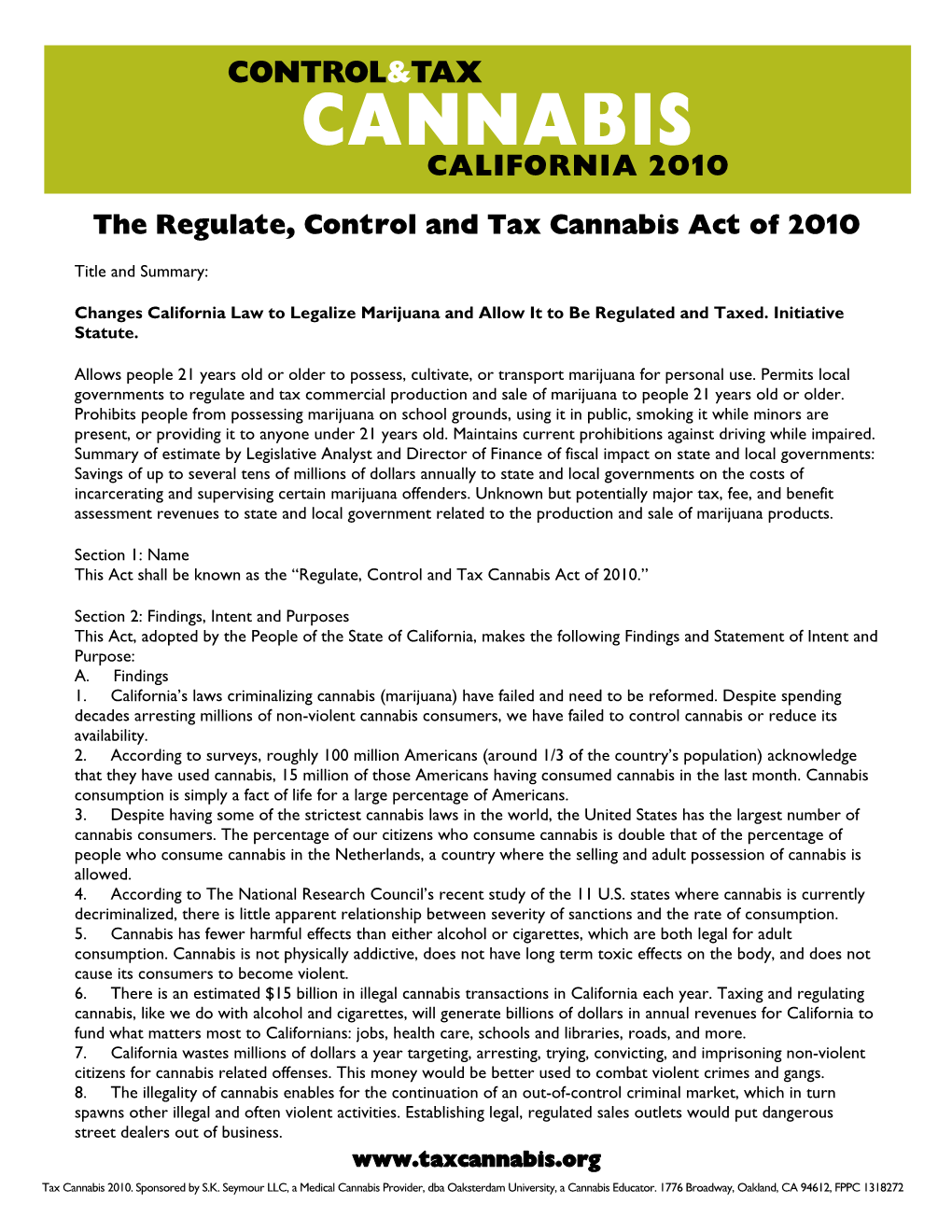 CONTROL&TAX the Regulate, Control and Tax Cannabis Act of 2010