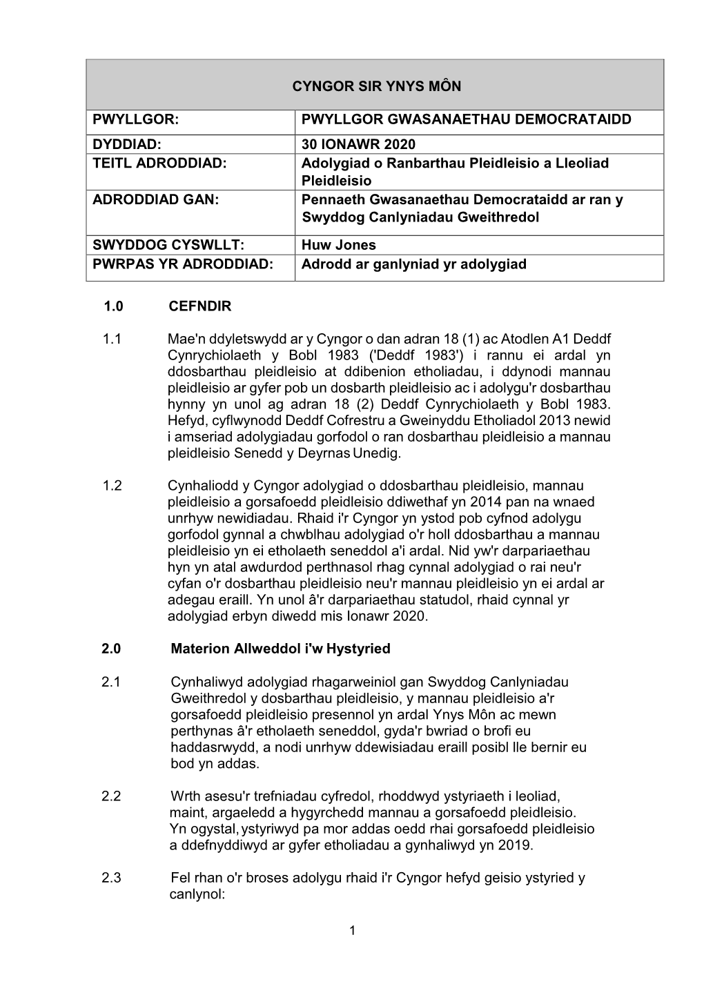 30 IONAWR 2020 TEITL ADRODDIAD: Adolygiad O Ranbartha