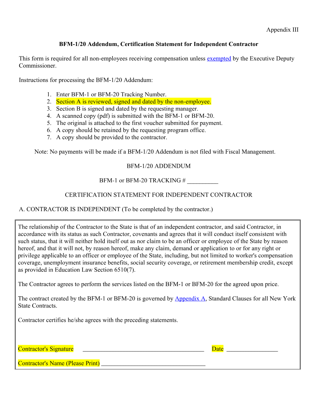 BFM-1/20 Addendum, Certification Statement for Independent Contractor