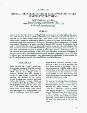 Critical Technologies for the Development of Future Space Elevator Systems