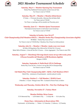 2021 Member Tournament Schedule