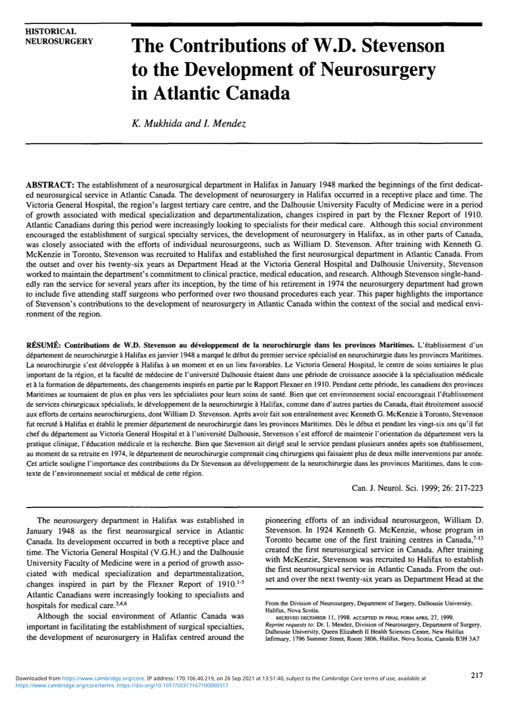 The Contributions of W.D. Stevenson to the Development of Neurosurgery in Atlantic Canada