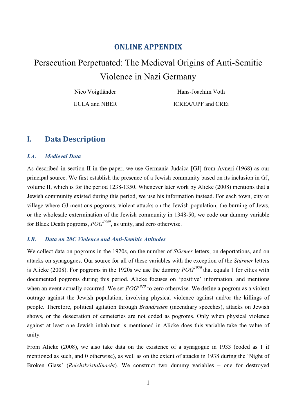 ONLINE APPENDIX Persecution Perpetuated: the Medieval Origins of Anti-Semitic Violence in Nazi Germany