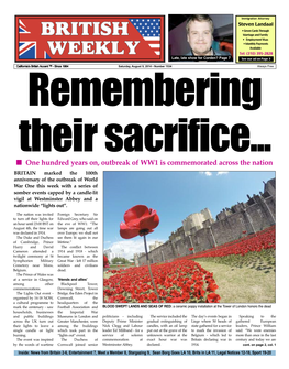 One Hundred Years On, Outbreak of WW1 Is Commemorated Across the Nation Brtitaihn Mareked Thie R100th Sacrifice