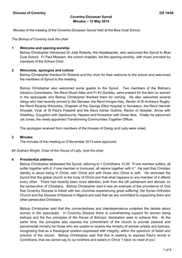 Diocese of Coventry DS 14/08 1 of 6 Coventry Diocesan Synod Minutes – 12 May 2014 Minutes of the Meeting of the Coventry Dioce