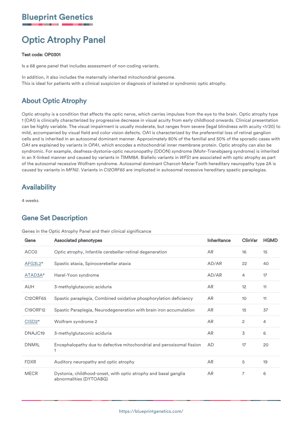 Blueprint Genetics Optic Atrophy Panel