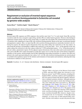 Requirement Or Exclusion of Inverted Repeat Sequences with Cruciform-Forming Potential in Escherichia Coli Revealed by Genome-Wide Analyses