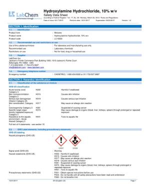 Hydroxylamine Hydrochloride, 10% W/V Safety Data Sheet According to Federal Register / Vol
