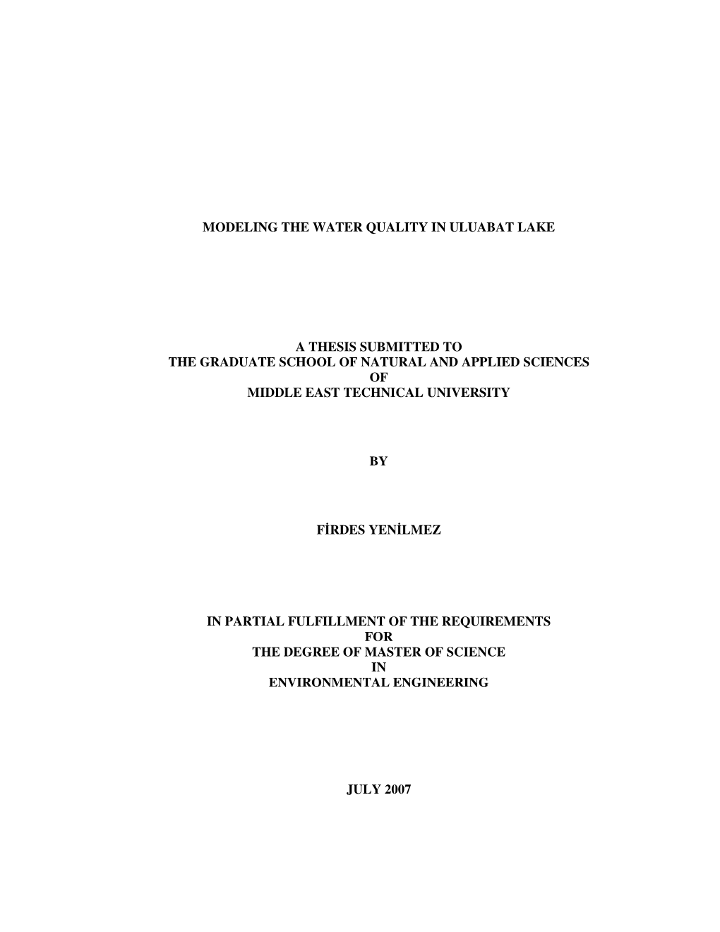 Modeling the Water Quality in Uluabat Lake a Thesis