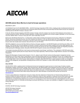 AECOM Selects Steve Morriss to Lead Its Europe Operations