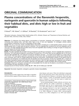 Plasma Concentrations of the Flavonoids Hesperetin, Naringenin