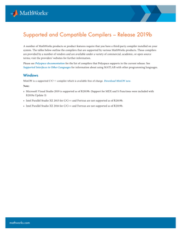 Supported and Compatible Compilers – Release 2019B