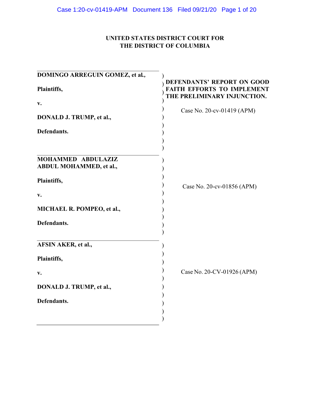 UNITED STATES DISTRICT COURT for the DISTRICT of COLUMBIA DOMINGO ARREGUIN GOMEZ, Et Al., Plaintiffs, V. DONALD J. TRUMP, Et