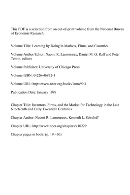 Inventors, Firms, and the Market for Technology in the Late Nineteenth and Early Twentieth Centuries