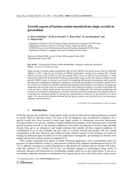 Growth Aspects of Barium Oxalate Monohydrate Single Crystals in Gel Medium