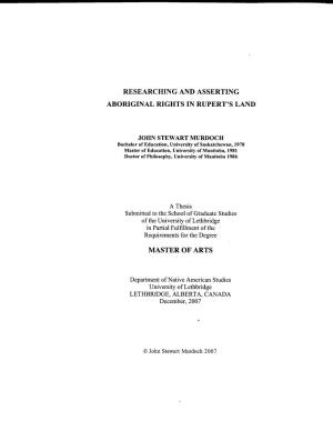 Researching and Asserting Aboriginal Rights in Rupert’S Land