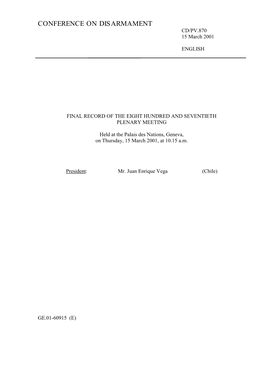 CONFERENCE on DISARMAMENT CD/PV.870 15 March 2001