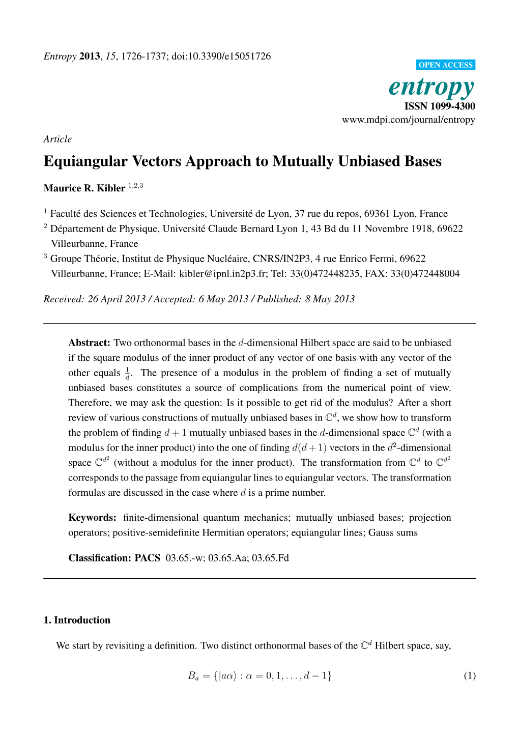 Equiangular Vectors Approach to Mutually Unbiased Bases
