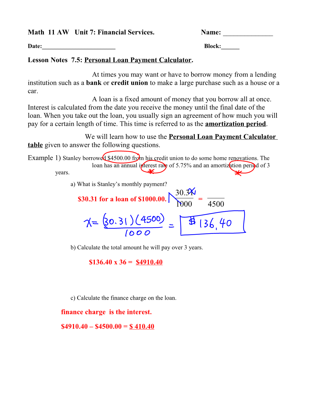 Math 11 AW Unit 7: Financial Services