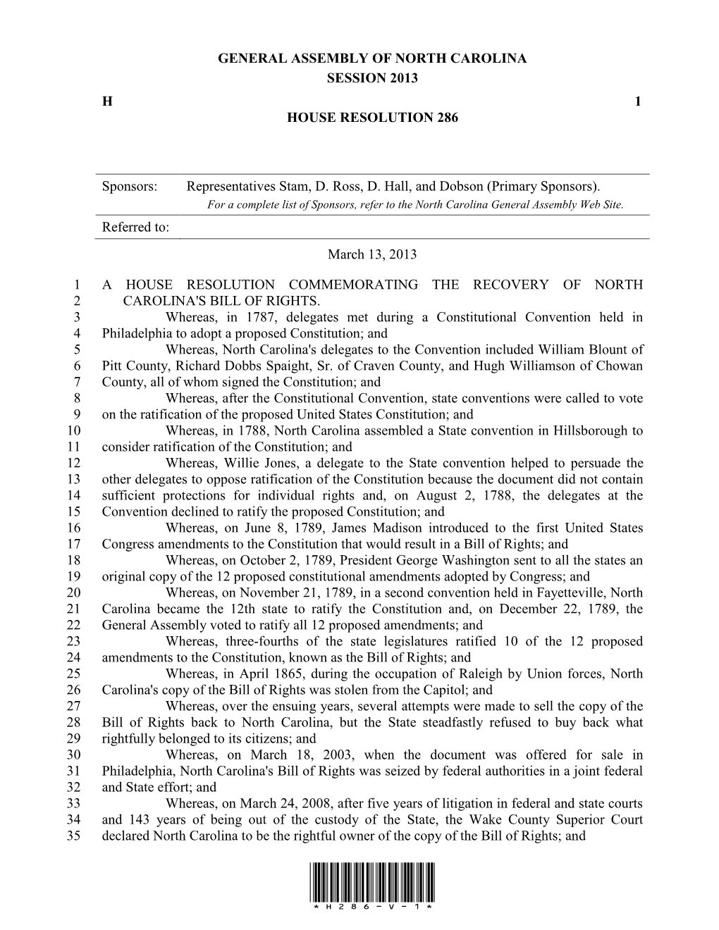 General Assembly of North Carolina Session 2013 H 1 House Resolution 286