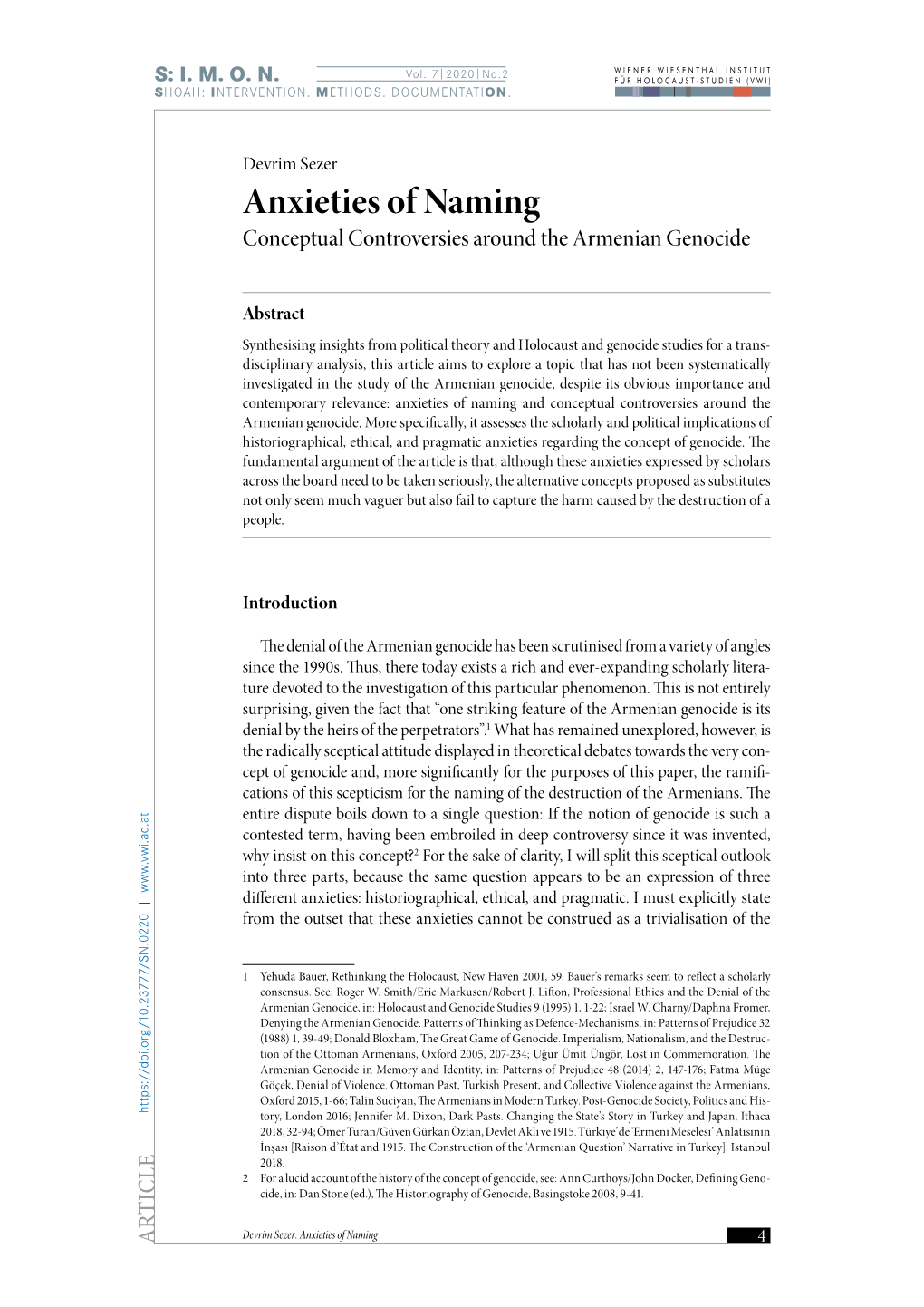Anxieties of Naming Conceptual Controversies Around the Armenian Genocide
