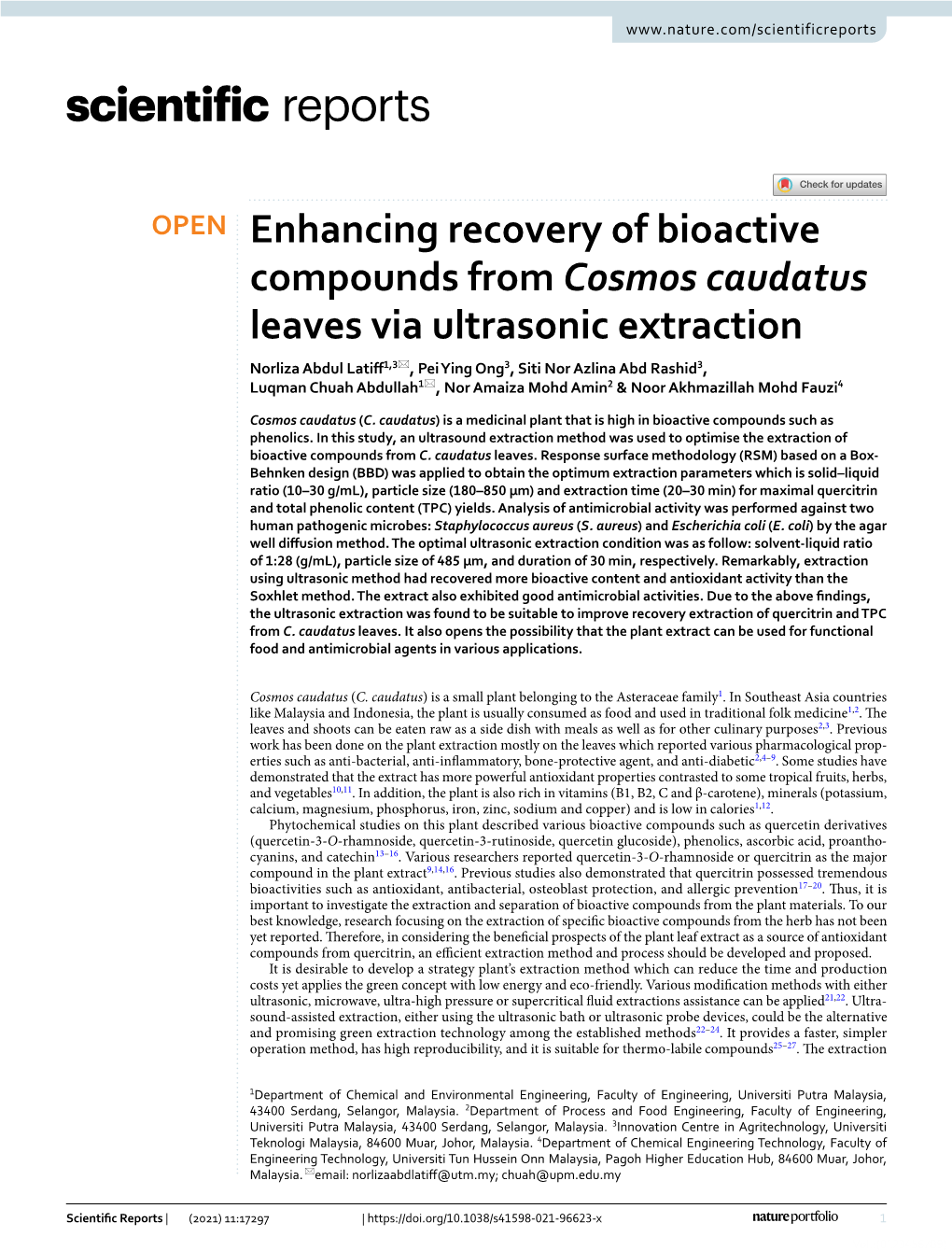 Enhancing Recovery of Bioactive Compounds from Cosmos Caudatus