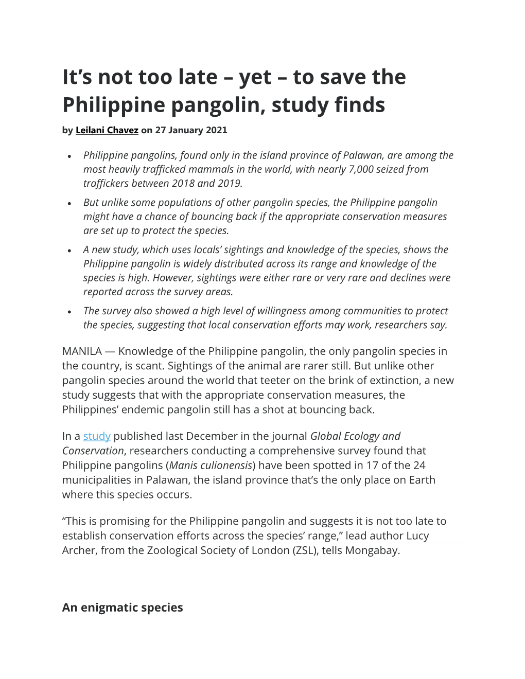 To Save the Philippine Pangolin, Study Finds by Leilani Chavez on 27 January 2021