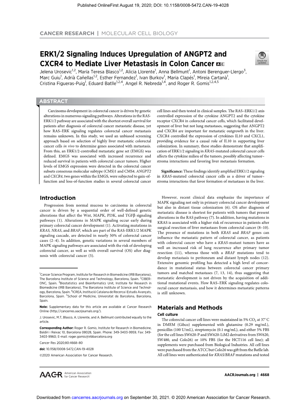 ERK1/2 Signaling Induces Upregulation of ANGPT2 and CXCR4 to Mediate Liver Metastasis in Colon Cancer