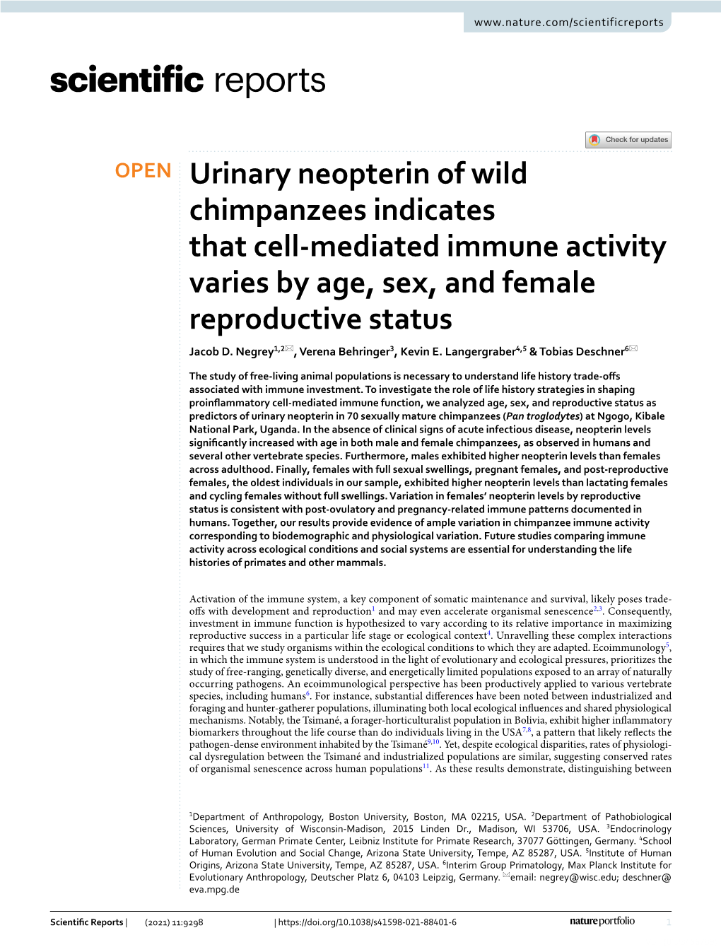 Urinary Neopterin of Wild Chimpanzees Indicates That Cell-Mediated