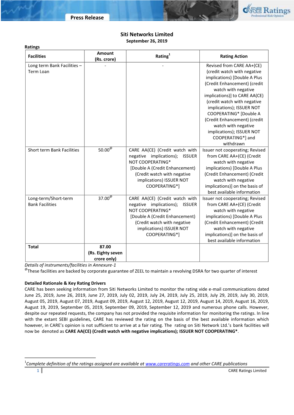 Press Release Siti Networks Limited