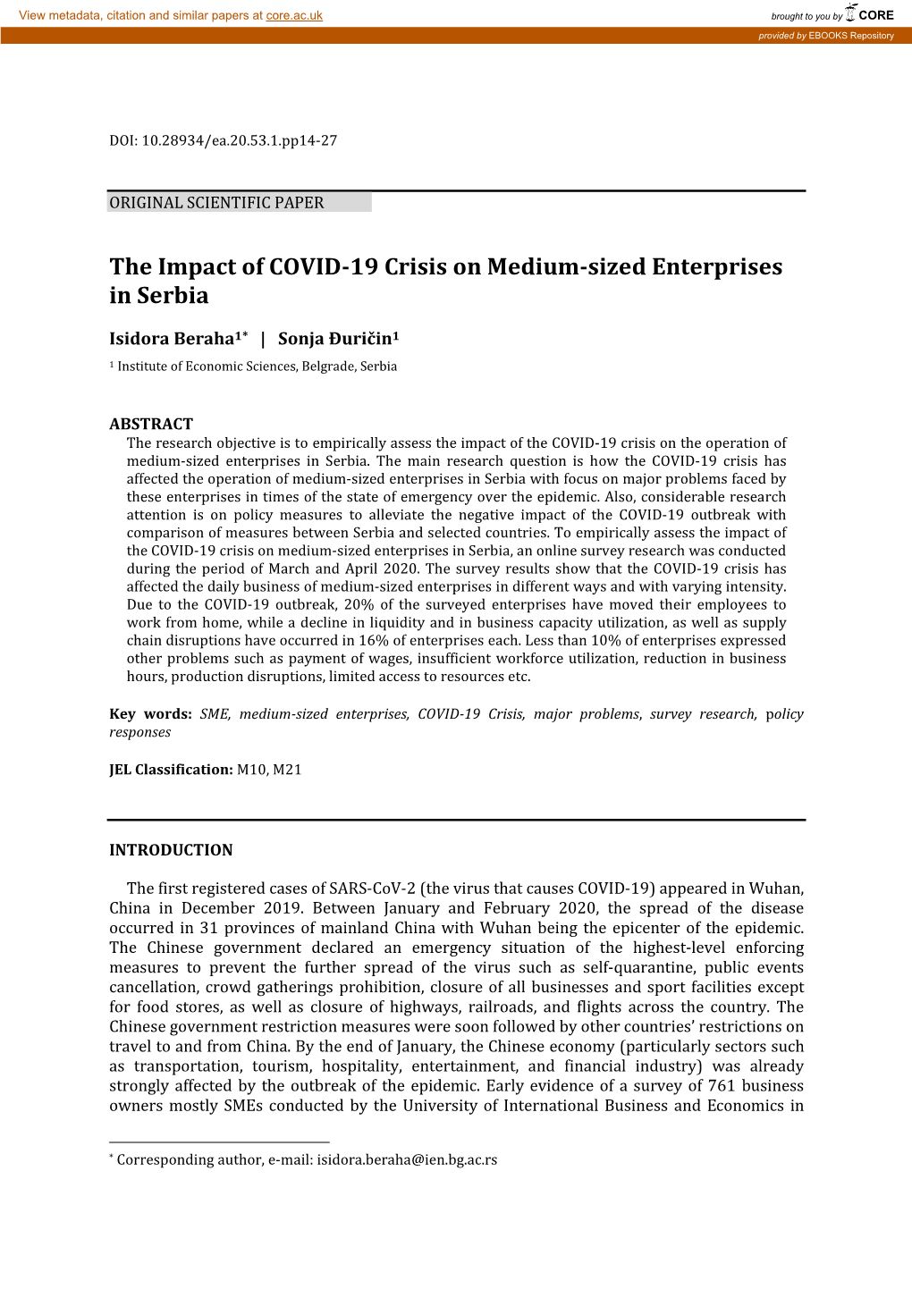 The Impact of COVID-19 Crisis on Medium-Sized Enterprises in Serbia