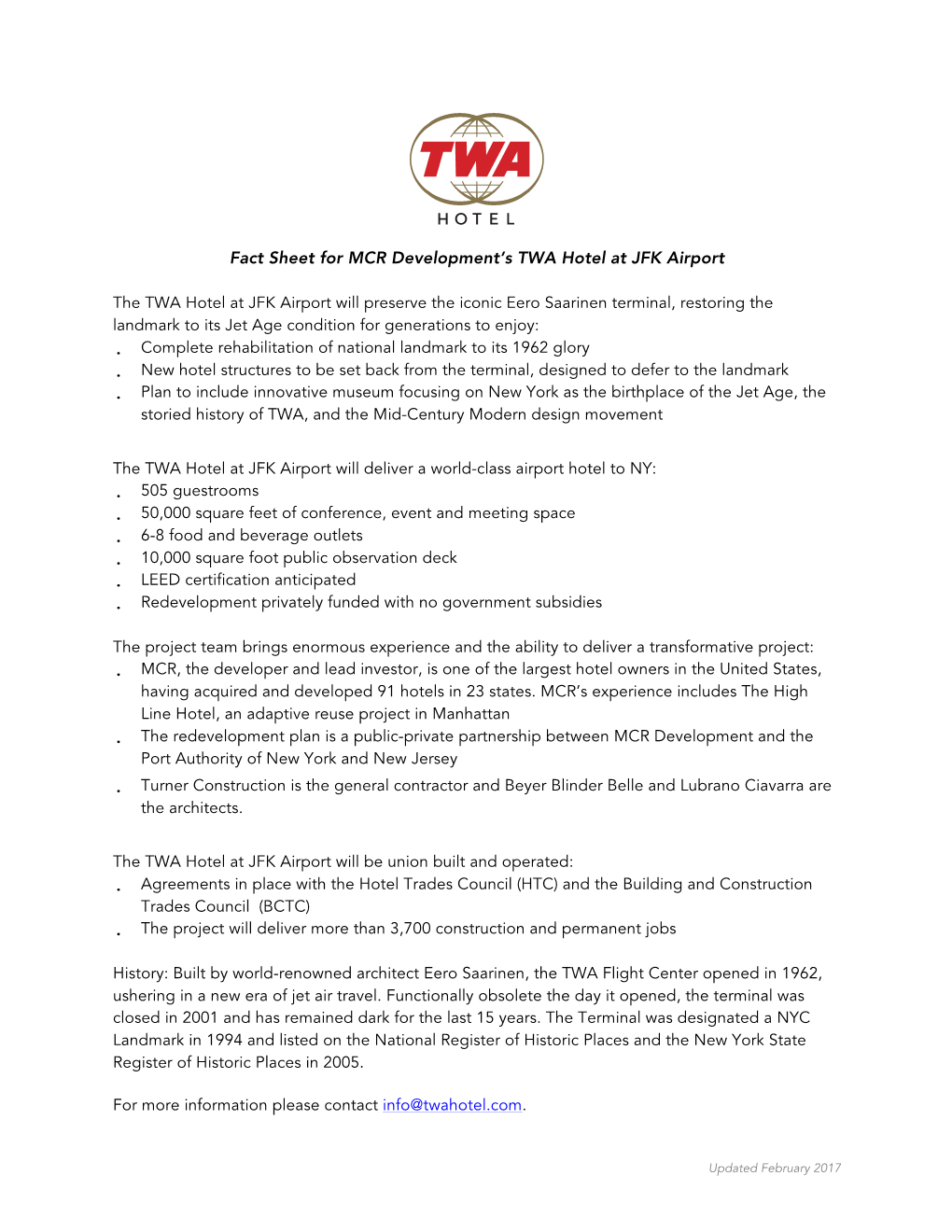 Fact Sheet for MCR Development's TWA Hotel at JFK Airport