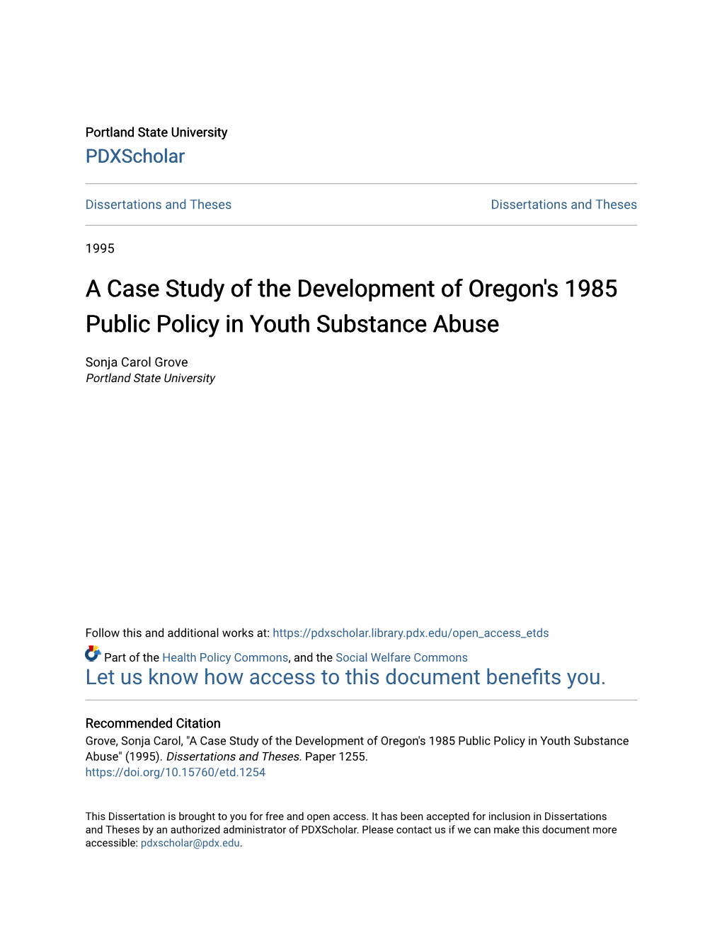 A Case Study of the Development of Oregon's 1985 Public Policy in Youth Substance Abuse