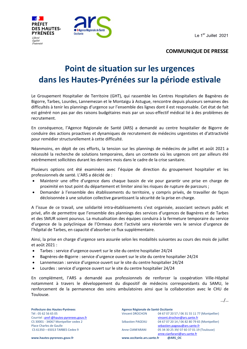 Point De Situation Sur Les Urgences Dans Les Hautes-Pyrénées Sur La Période Estivale