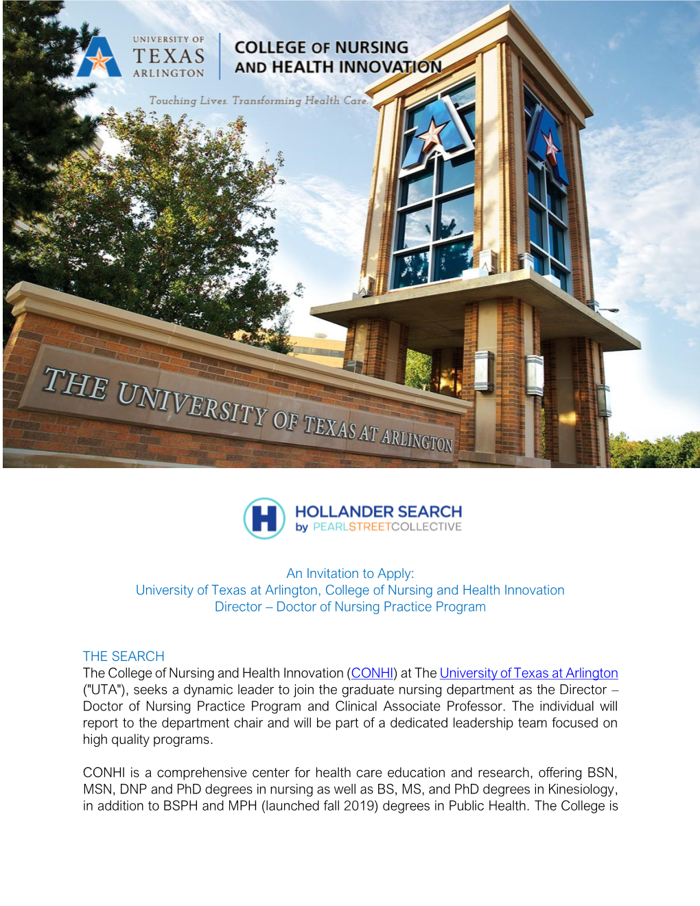 An Invitation to Apply: University of Texas at Arlington, College of Nursing and Health Innovation Director – Doctor of Nursing Practice Program