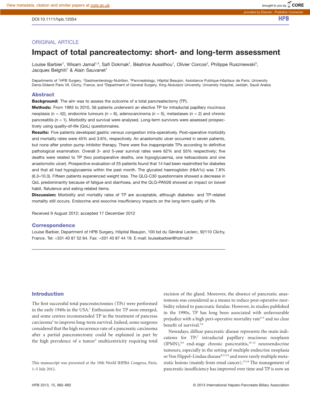 Impact of Total Pancreatectomy: Short- and Long-Term Assessment