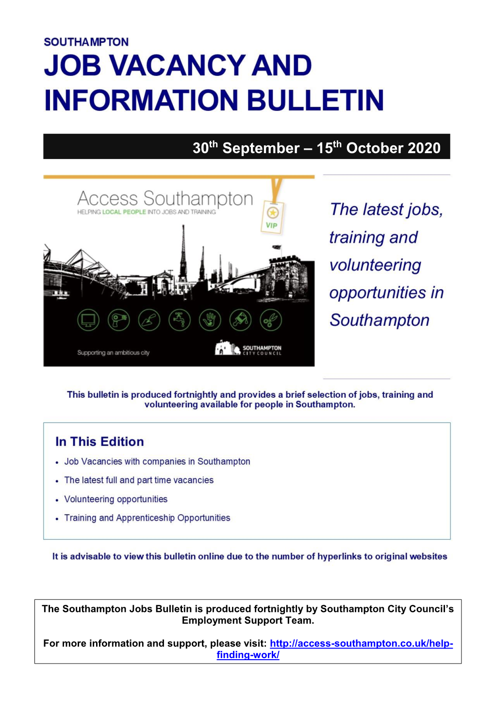 Southampton Jobs Bulletin Is Produced Fortnightly by Southampton City Council’S Employment Support Team