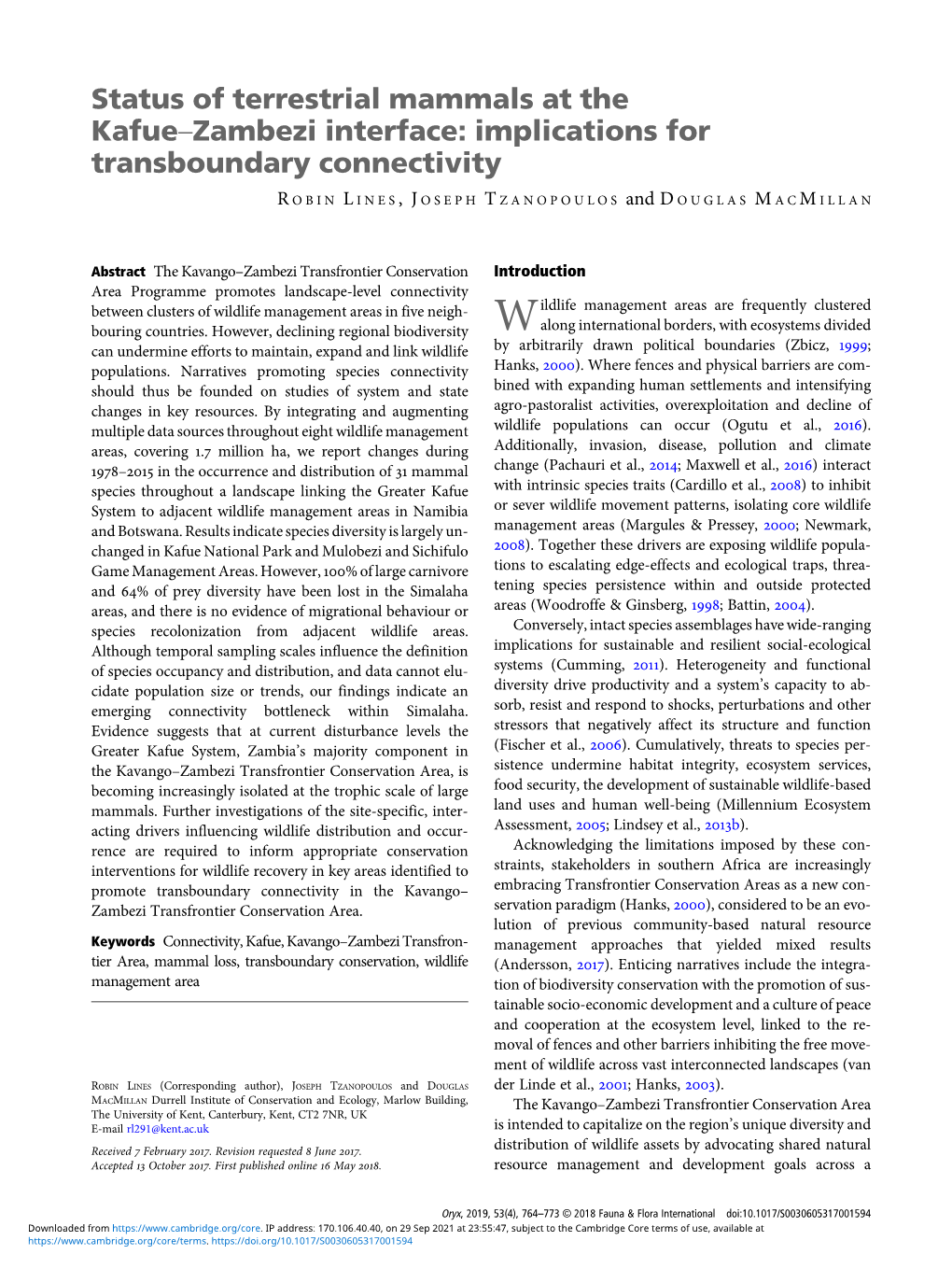 Status of Terrestrial Mammals at the Kafue–Zambezi Interface: Implications for Transboundary Connectivity