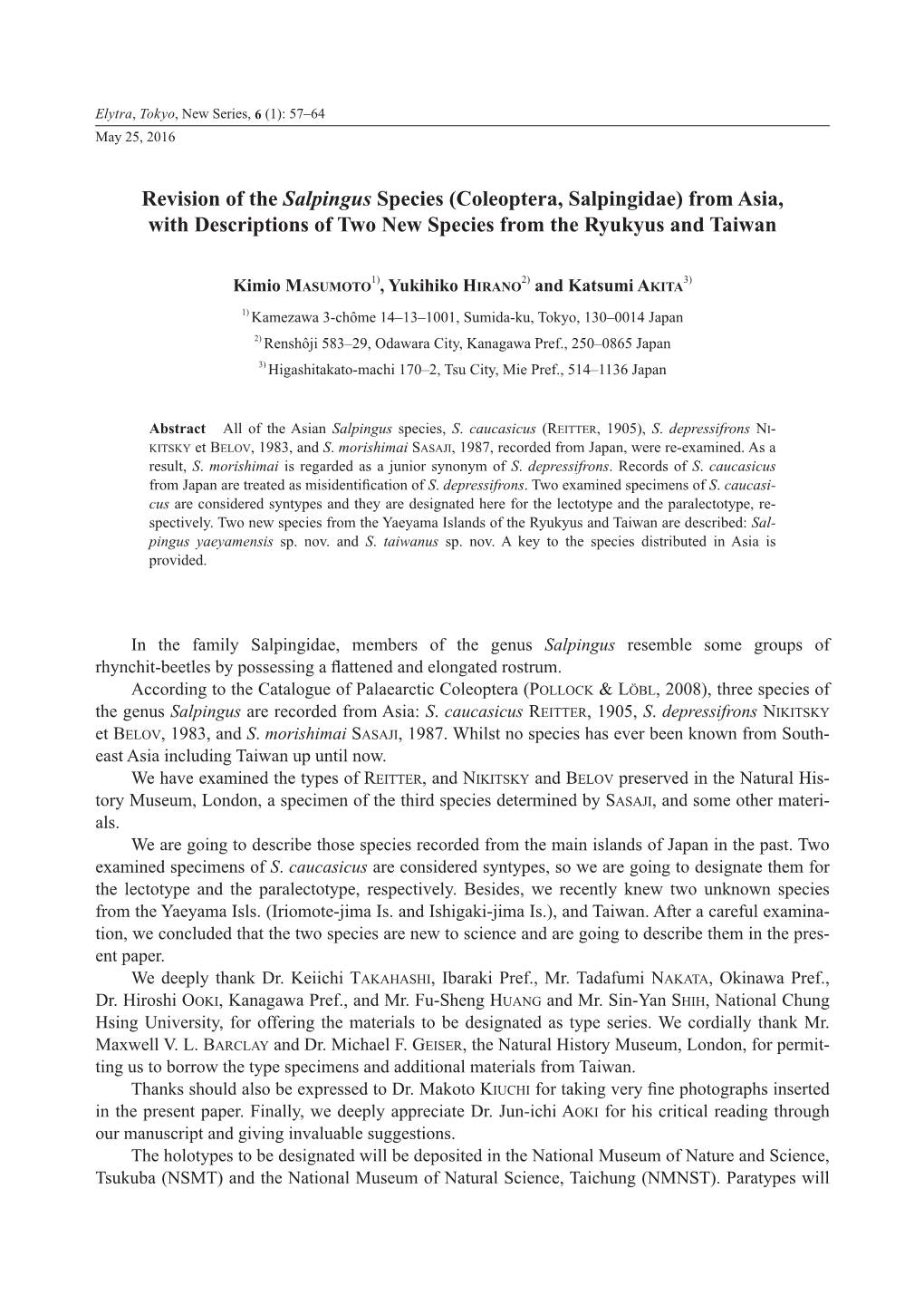 Revision of the Salpingus Species (Coleoptera, Salpingidae) from Asia, with Descriptions of Two New Species from the Ryukyus and Taiwan