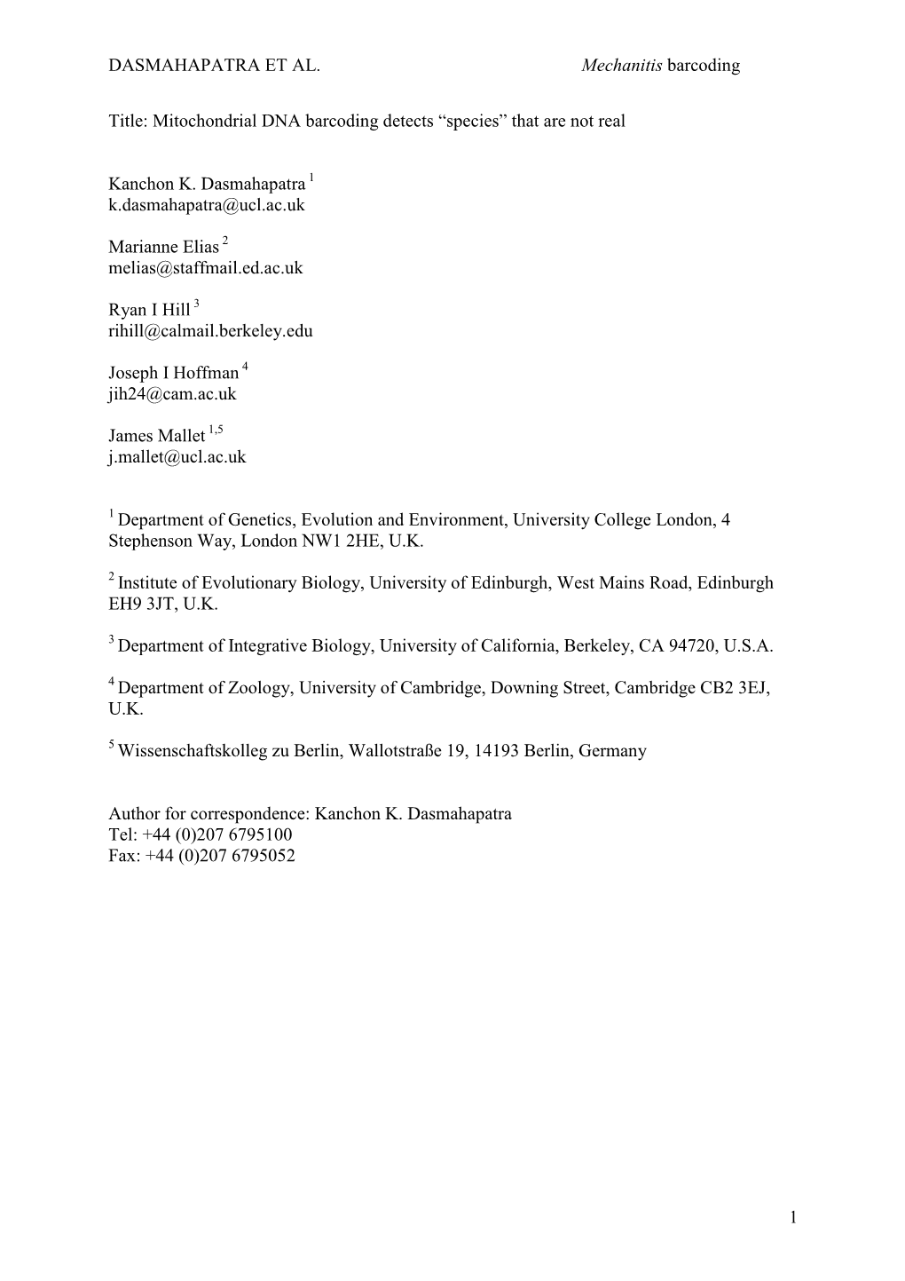 DASMAHAPATRA ET AL. Mechanitis Barcoding 1 Title