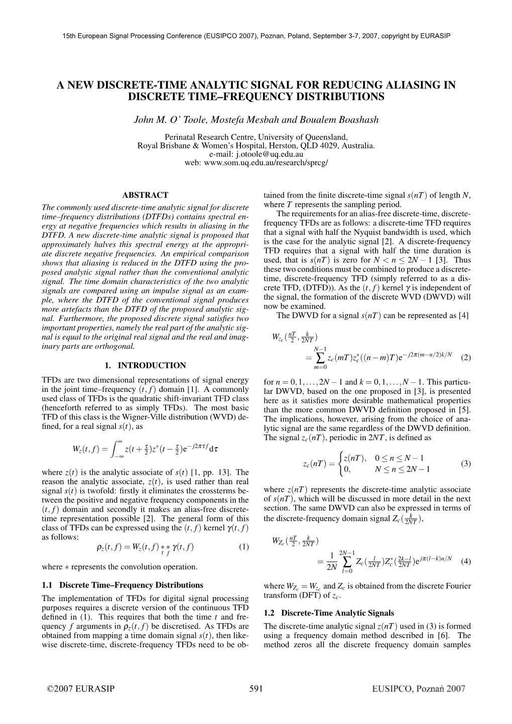 A New Discrete-Time Analytic Signal for Reducing Aliasing in Discrete Time–Frequency Distributions