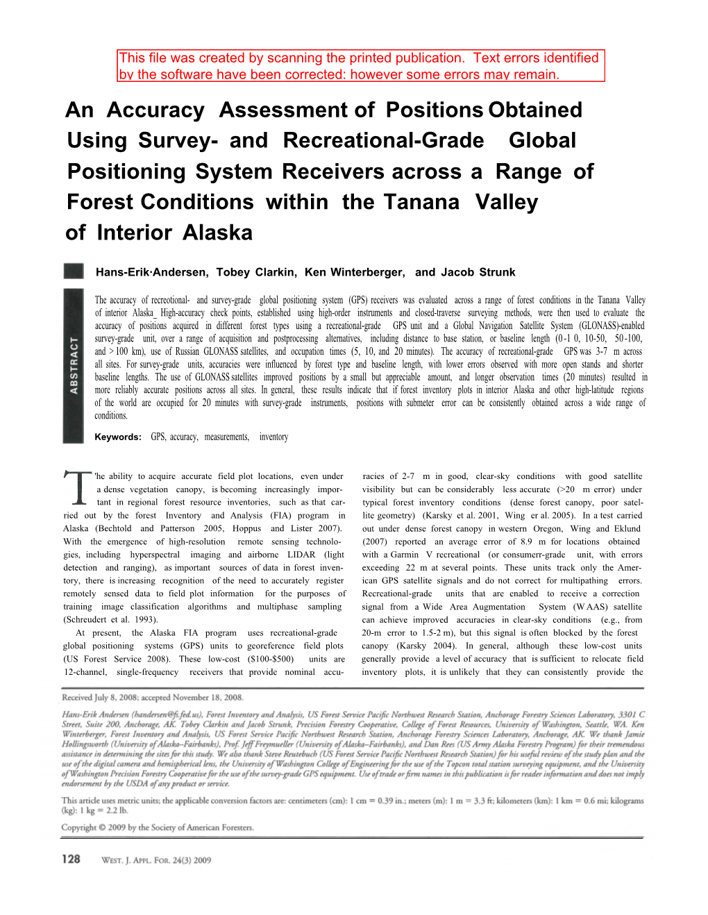 And Recreational-Grade Global Positioning System Receivers Across a Range of Forest Conditions Within the Tanana Valley of Interior Alaska