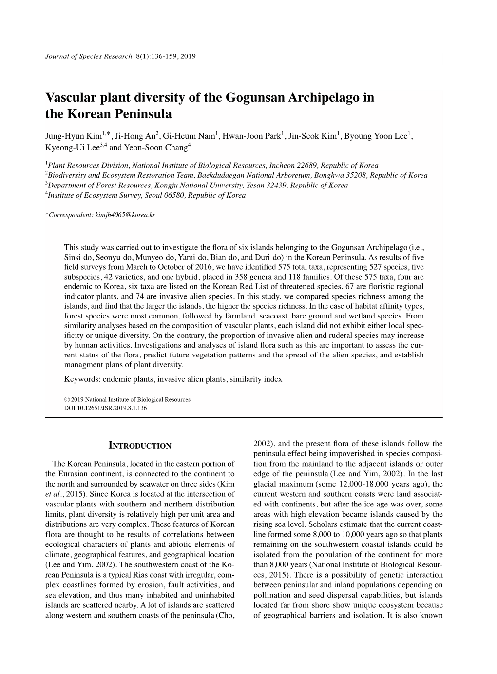 Vascular Plant Diversity of the Gogunsan Archipelago in the Korean Peninsula