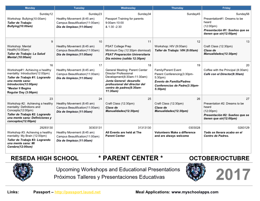 Reseda High School * Parent Center * October/Octubre