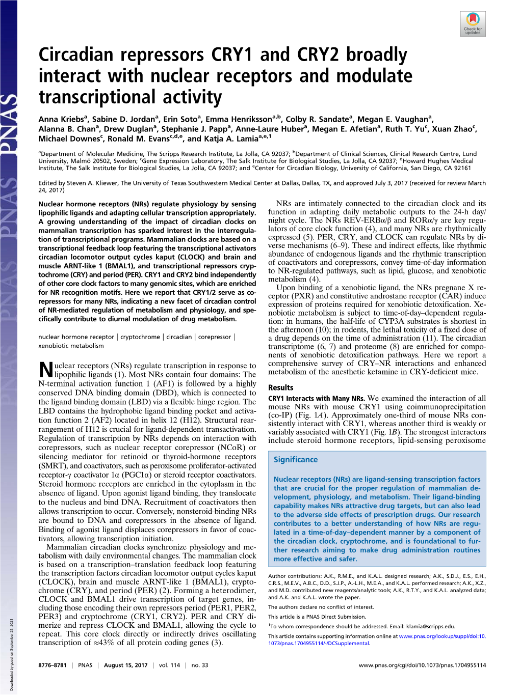 Circadian Repressors CRY1 and CRY2 Broadly Interact with Nuclear Receptors and Modulate Transcriptional Activity