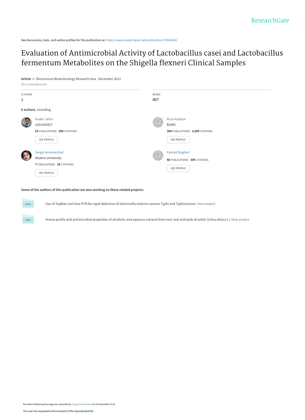 Evaluation of Antimicrobial Activity of Lactobacillus Casei and Lactobacillus Fermentum Metabolites on the Shigella ﬂexneri Clinical Samples