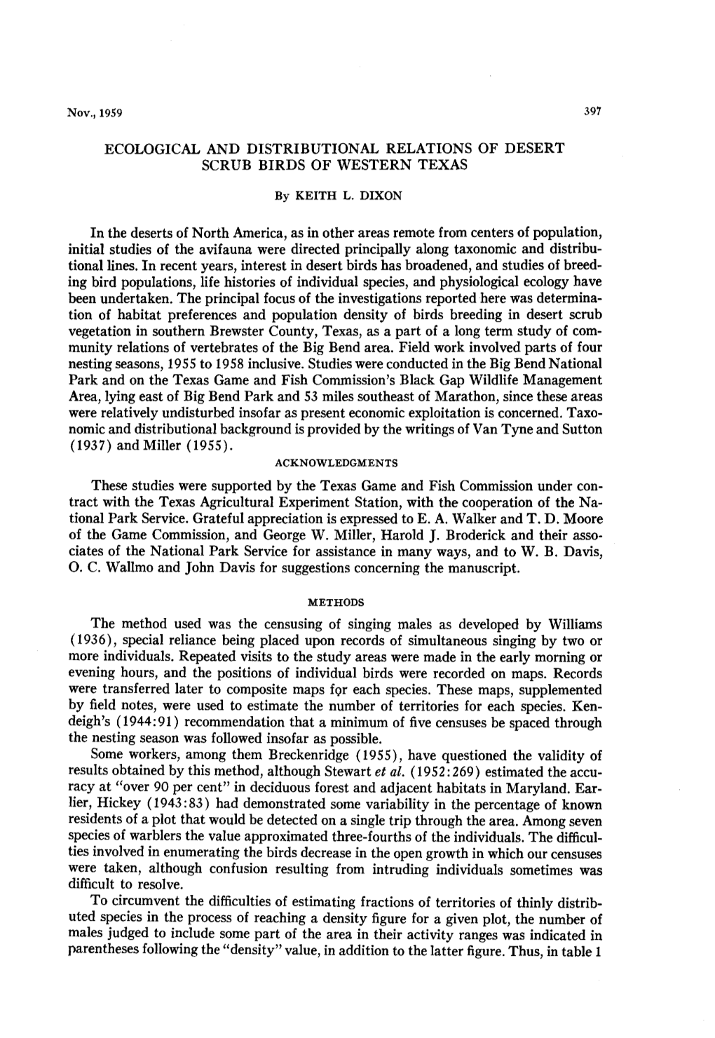 Ecological and Distributional Relations of Desert Scrub Birds of Western Texas