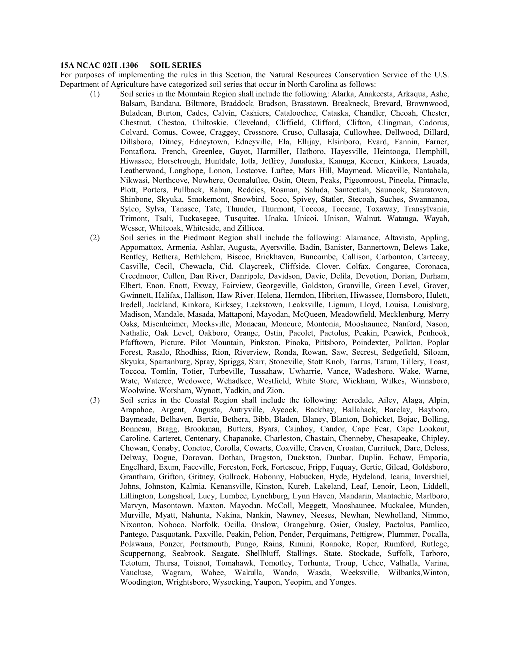 15A NCAC 02H .1306 SOIL SERIES for Purposes of Implementing the Rules in This Section, the Natural Resources Conservation Service of the U.S