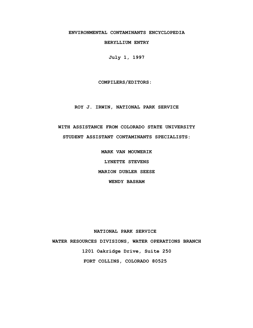 Beryllium Environmental Hazard Summary